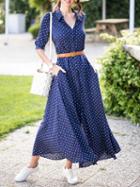 Choies Blue Cotton Polka Dot Print Tie Waist Long Sleeve Women Maxi Dress