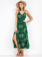 Choies Green V Neck Floral Print Split Cami Maxi Dress