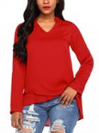 Choies Red V-neck Dipped Hem Long Sleeve Blouse