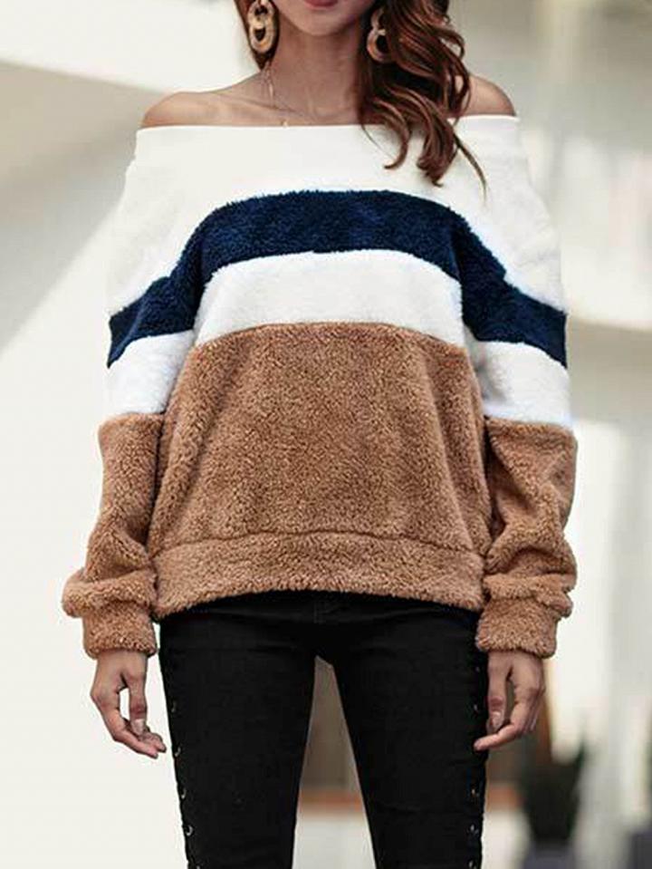 Choies Brown Contrast Velvet Off Shoulder Long Sleeve Chic Women Sweatshirt