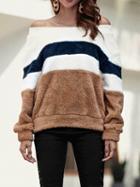 Choies Brown Contrast Velvet Off Shoulder Long Sleeve Chic Women Sweatshirt