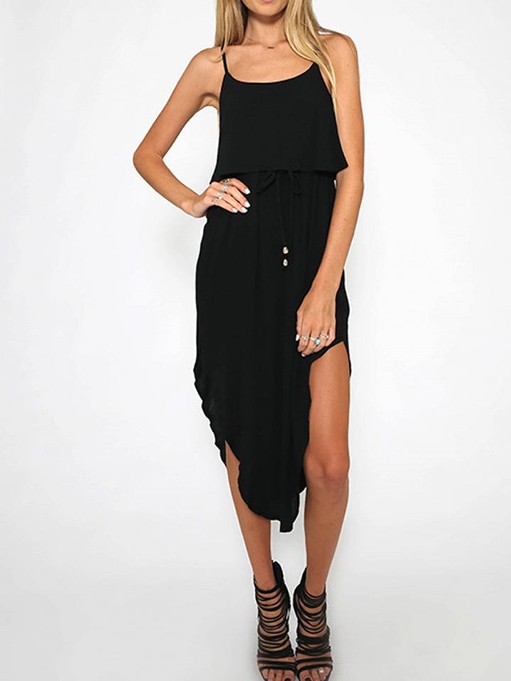 Choies Black Cotton Drawstring Waist Open Back Chic Women Cami Midi Dress