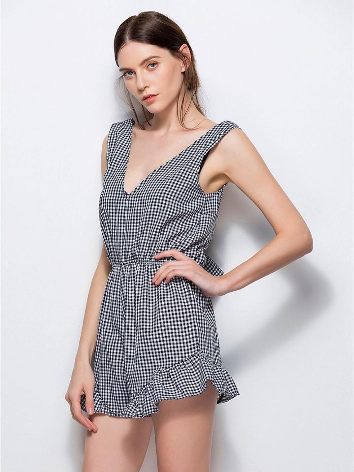 Choies Black Plaid Double V-neck Bow Detail Ruffle Trim Romper Playsuit