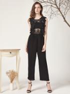 Choies Black Sheer Lace Top Sleeveless Pleated Wide Leg Jumpsuit