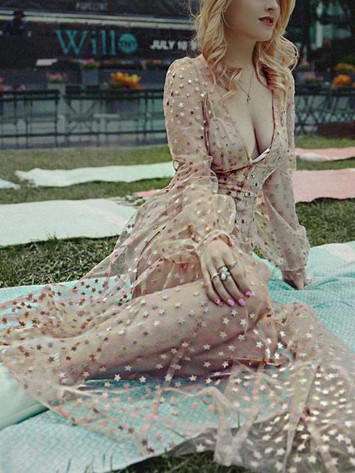Choies Gold V-neck Star Sequin Detail Chic Women Sheer Mesh Maxi Dress