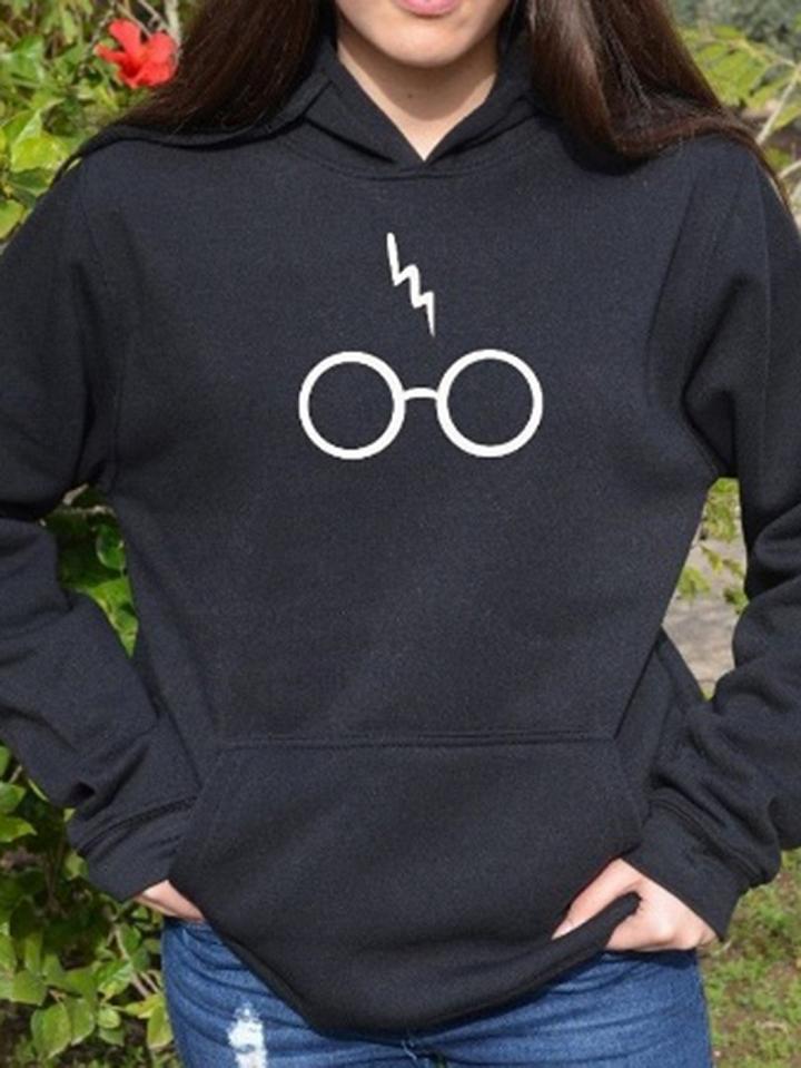Choies Black Glasses And Letter Print Long Sleeve Chic Women Hoodie