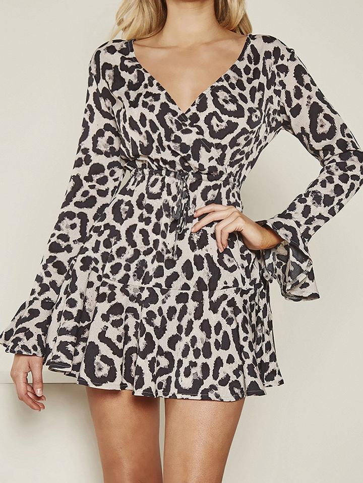 Choies Light Gray V-neck Leopard Print Flare Sleeve Mini Dress