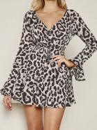 Choies Light Gray V-neck Leopard Print Flare Sleeve Mini Dress