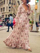 Choies White Floral Print Plunge Long Sleeve Maxi Dress