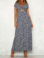 Choies Blue V-neck Floral Print Button Placket Front Maxi Dress