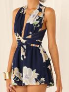 Choies Multicolor Deep V Neck Floral Back Cross Tie Waist Playsuit