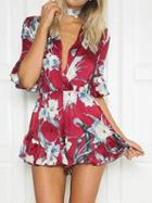Choies Red V-neck Floral Choker Detail Ruffle Sleeve Romper Playsuit
