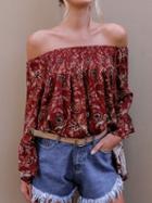 Choies Red Off Shoulder Floral Print Bell Sleeve Top