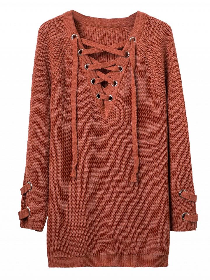 Choies Orange Plunge Neck Lace Up Front Long Sleeve Knit Dress