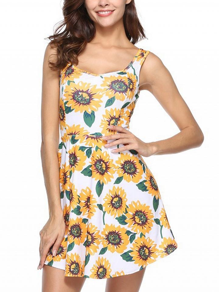 Choies Polychrome Sunflower Print Sleeveless Mini Dress