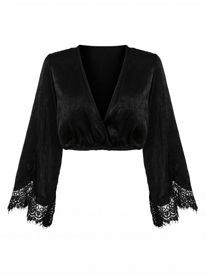 Choies Black Plunge Neck Lace Paneled Flare Sleeve Crop Top