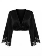 Choies Black Plunge Neck Lace Paneled Flare Sleeve Crop Top