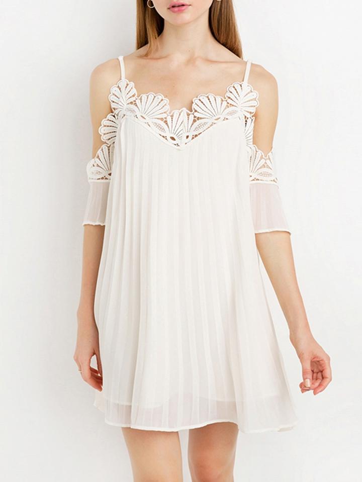 Choies White Scallop Lace Trim Cold Shoulder Cami Swing Dress