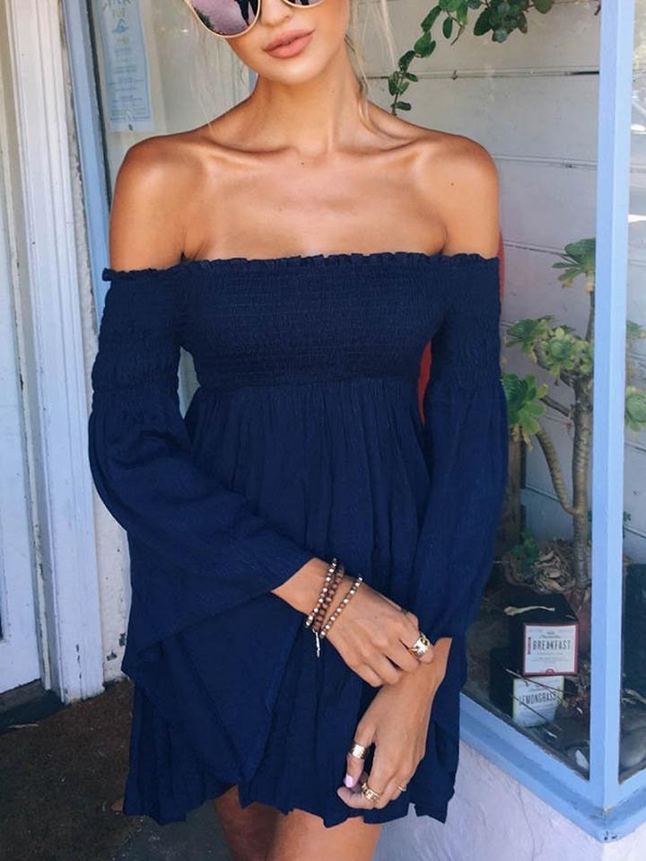 Choies Blue Chiffon Off Shoulder Ruched Flare Sleeve Chic Women Mini Dress