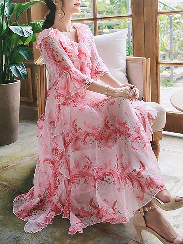 Choies Pink Floral Print Ruffle Bell Sleeve Split Chiffon Maxi Dress