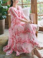 Choies Pink Floral Print Ruffle Bell Sleeve Split Chiffon Maxi Dress