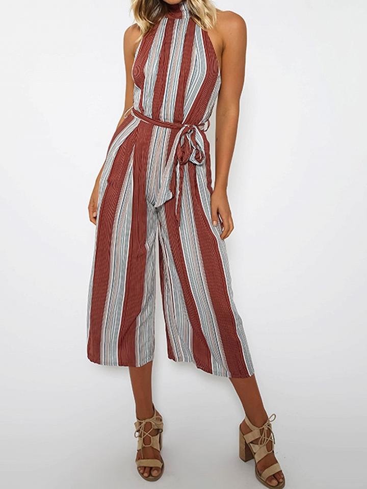 Choies Red Striped Choker Racer Back Wide Leg Culotte Jumpsuit
