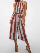 Choies Red Striped Choker Racer Back Wide Leg Culotte Jumpsuit