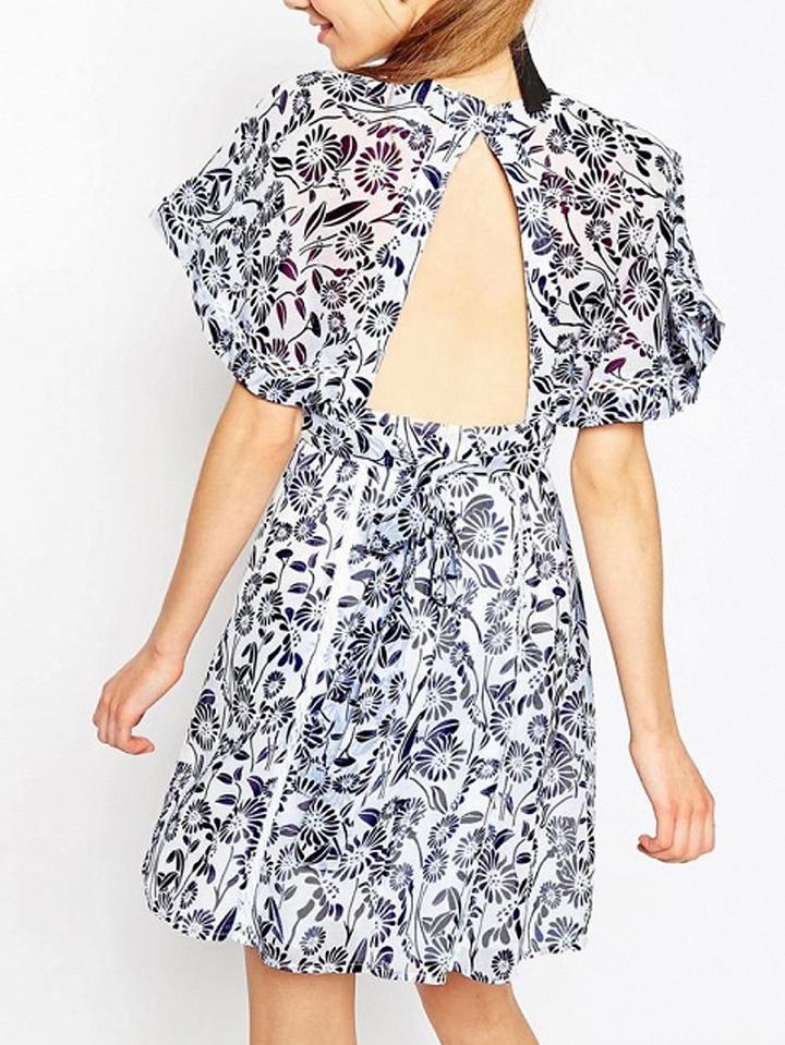 Choies Blue Tile Print Lace Panel Open Back High Waist Mini Dress
