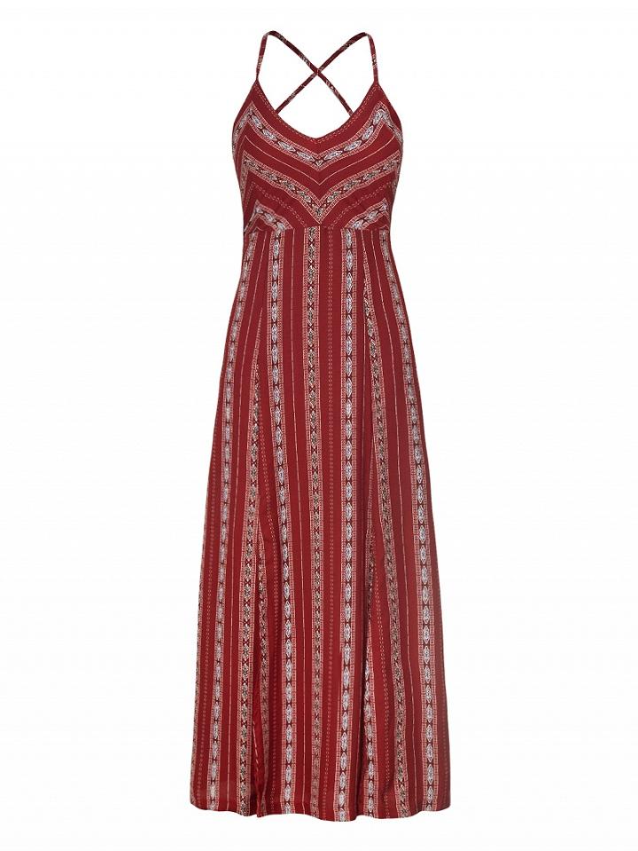Choies Red V-neck Tribe Pattern Strap Back Cross Side Split Maxi Dress