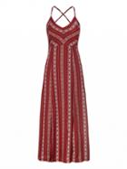 Choies Red V-neck Tribe Pattern Strap Back Cross Side Split Maxi Dress