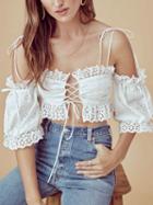 Choies White Lace Up Front Frill Trim Chic Women Lace Crop Cami Top