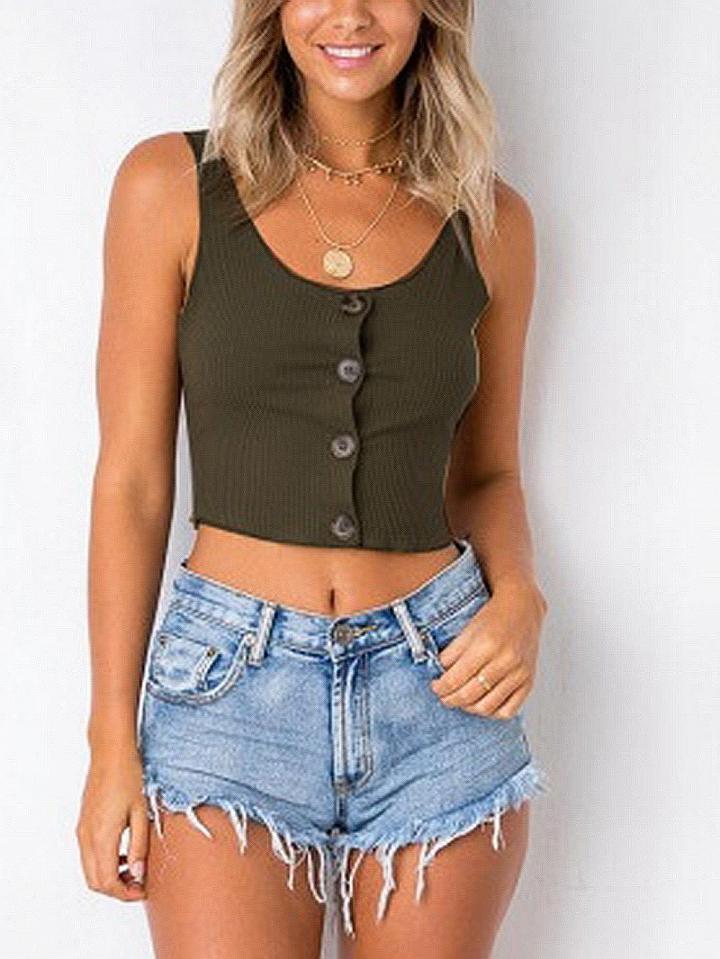 Choies Green Button Placket Ribbed Crop Tank