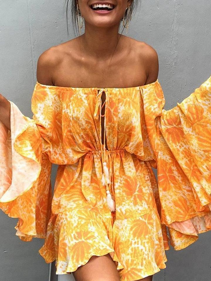 Choies Yellow Cotton Off Shoulder Leaf Print Chic Women Mini Dress