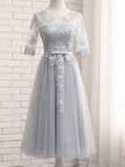 Choies Gray Sheer Mesh Embroidery Lace Up Back Tulle Midi Prom Dress