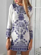 Choies White Tile Print Long Sleeve Tie Waist Dipped Hem Mini Dress