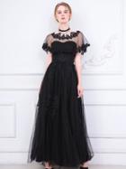Choies Black Bandeau Embroidery Tulle Maxi Prom Dress With Sheer Mesh Cape