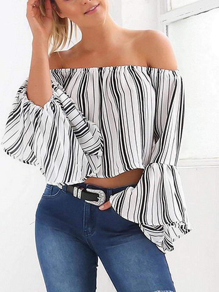 Choies White Stripe Off Shoulder Flare Sleeve Blouse