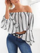 Choies White Stripe Off Shoulder Flare Sleeve Blouse