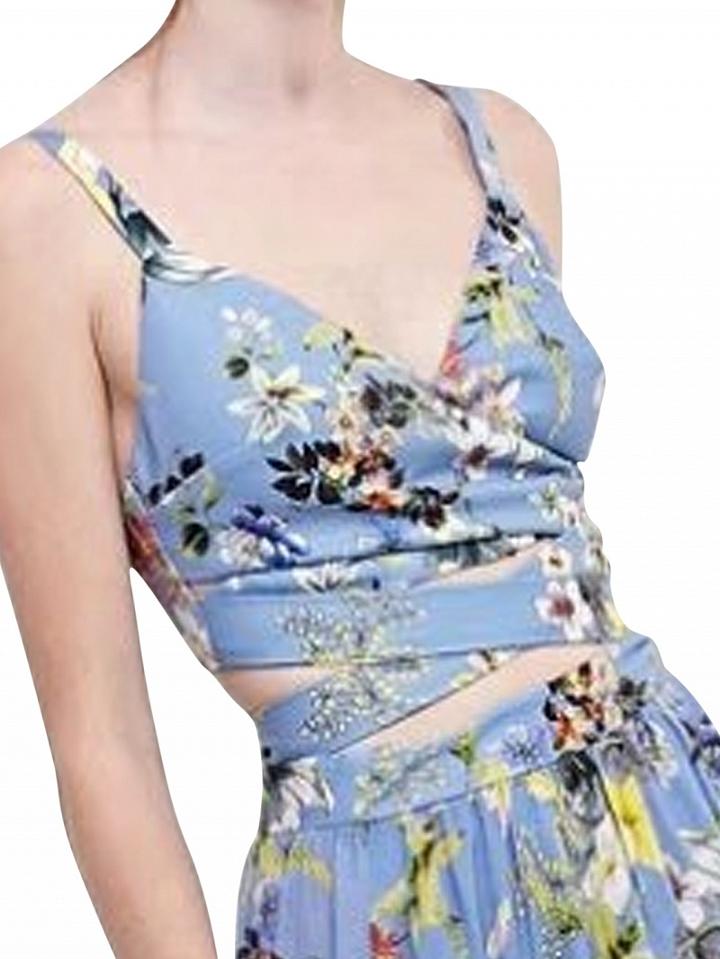 Choies Blue Floral V-neck Spaghetti Strap Wrap Crop Top