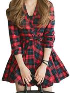 Choies Color Block Plaid Print Wrap Front Belted Shirt Dress