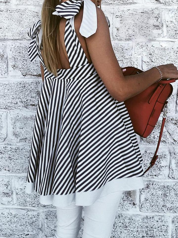Choies Royal Blue Stripe Tie Shoulder Contrast Hem Swing Top