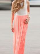 Choies Pink Chiffon Contrast Panel Open Back Sleeveless Chic Women Maxi Dress