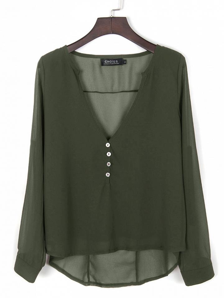 Choies Army Green V-neck Button Detail Dip Back Blouse