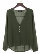 Choies Army Green V-neck Button Detail Dip Back Blouse