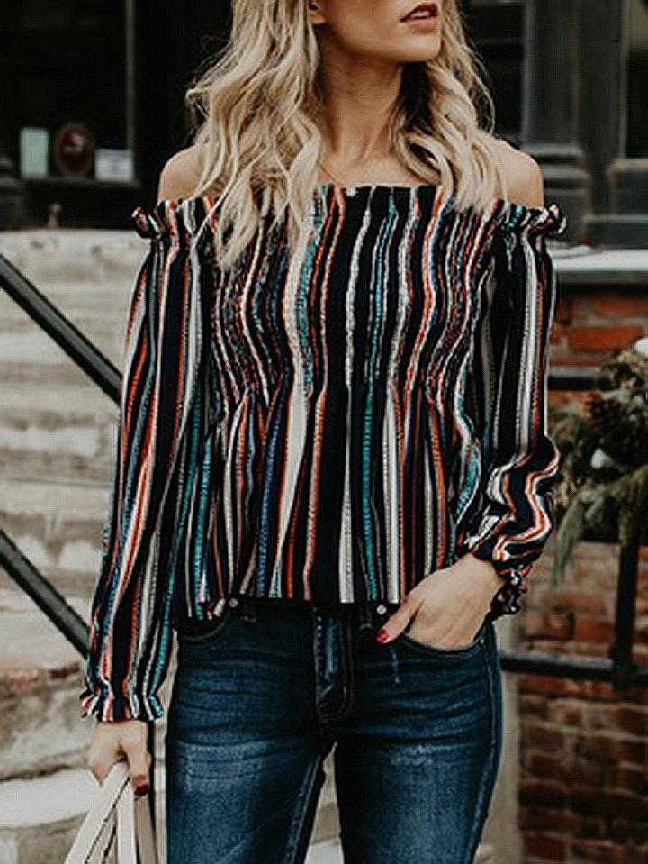 Choies Polychrome Stripe Stretch Off Shoulder Long Sleeve Blouse