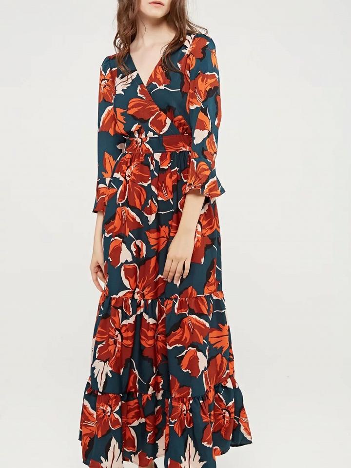 Choies Red V-neck Tie Waist Floral Print Ruffle Hem Maxi Dress