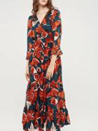 Choies Red V-neck Tie Waist Floral Print Ruffle Hem Maxi Dress