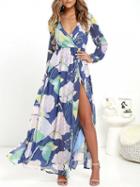 Choies Polychrome Plunge Floral Print Long Sleeve Maxi Dress