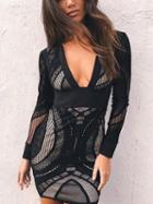 Choies Black Plunge Long Sleeve Bodycon Lace Mini Dress