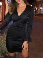 Choies Black Cotton Plunge Tie Waist Long Sleeve Chic Women Mini Dress